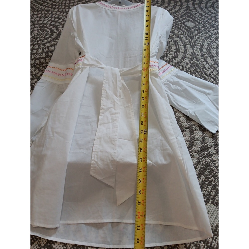 NEW Boho Tunic Mini Dress Womens XL White Cotton Pink Embroidery DEEP V Beachy - Picture 13 of 13
